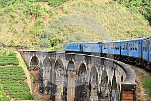 Train on bridge in hill country of Sri Lanka