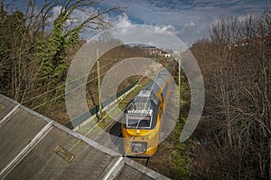 Train from bridge in spring sunny day in Bergen op Zoom Netherlands 03 04 2024