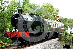 Green Steam engine train at Buckfastleigh Station, Devon England