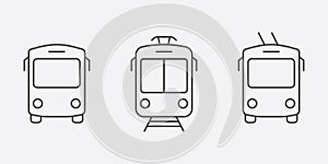 Train, Bus, Tram, Trolleybus Line Icon Set. City Travel Transport Pictogram. Traffic Road Outline Sign. Public