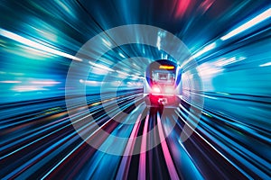 A train is captured in motion as it travels through a tunnel brightly lit with blue and red lights, An abstract train speeding on