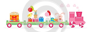 Train carries Easter symbols. Gifts for holiday