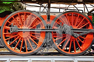 Train close up. Wheels of the train. Old train