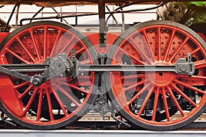 Train close up. Wheels of the train. Old train