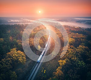 Train in colorful forest in fog at sunrise in autumn. Aerial view