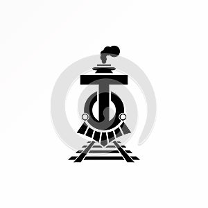 A train is coming down the tracks toward the viewer. Locomotive vector. Railway Logo. Letter T logo.