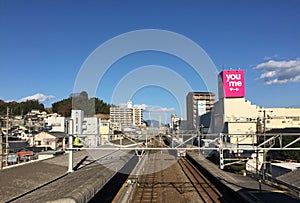 Train coming to the station in Hiroshima, Japan