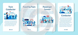 Train conductor mobile application banner set. Railway worker in uniform
