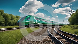 train in the countryside _A speedy train that flies over the rails. The train is white and green, and has a curved design.