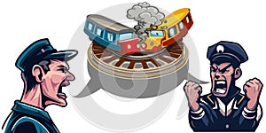 Train crash operators quarrel speech bubble vector graphics illustration