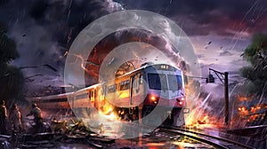Train Crashes In A Storm. Generative AI