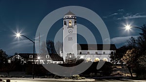 Train depot in Boise Clock tower at night