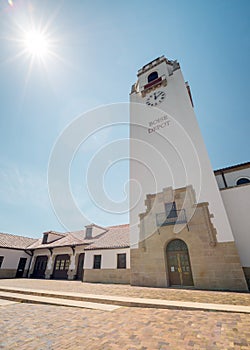 Train Depot clock tower and sun star