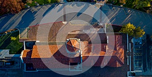 Train depot view from above in the morning light