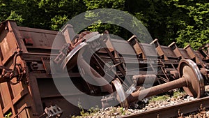 Train derailment. Damaged property rails after transport derailed, accident