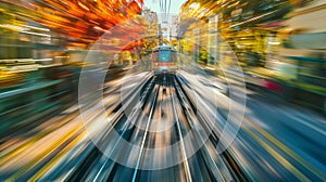 A train drives away from the camera, vibrant colors surround it, and the environment appears in motion blur.