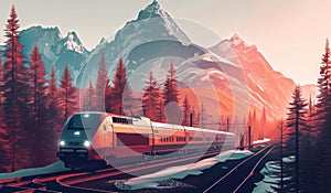 a train driving along tracks in canadian forest with mountains in foreground