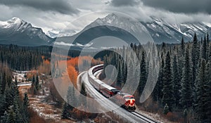 a train driving along tracks in canadian forest with mountains in foreground