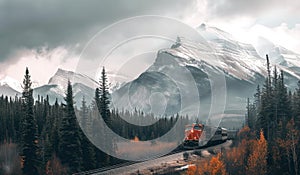 a train driving along tracks in canadian forest with mountains in foreground