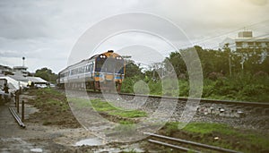Train driving pass a curve of countryside,selective focus ,filtered image, light effect added