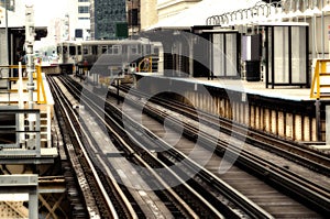 Train on elevated tracks within buildings at the Loop, Chicago City Center - Sepia Glow Artistic Effect