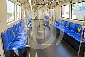 Train with empty seats with signs social distancing protect