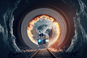 Train entering portal to another dimension, fire and mountains