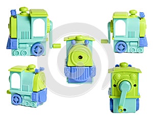 Train fantacy shape pencil sharpener on isolated white background