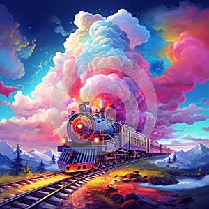 Train Fantasia: A Surreal Illustration of a Colorful Train Amidst Floating Clouds photo