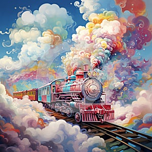 Train Fantasia: A Surreal Illustration of a Colorful Train Amidst Floating Clouds photo