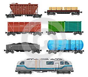 Train freight wagons, cargo box car containers