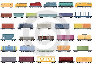 Train freight wagons icons set cartoon vector. Diesel locomotive