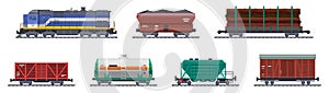 Train freight wagons, railway cargo containers vector