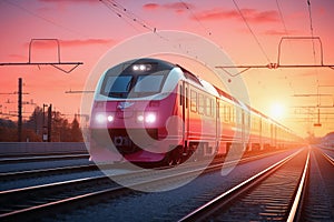 Train going along tracks at sunrise. AI Generated