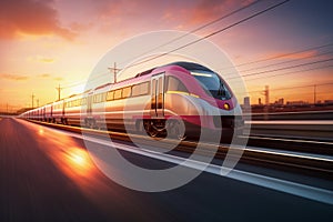 Train going along tracks at sunrise. AI Generated