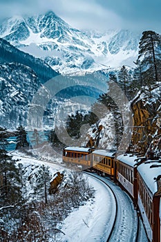 Train is going around curve in the snowy mountains. Generative AI