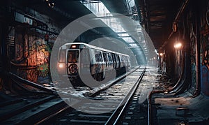 A train going through a tunnel with graffiti on the walls and unsplash, futurism in random circular platforms on worksafe. AI