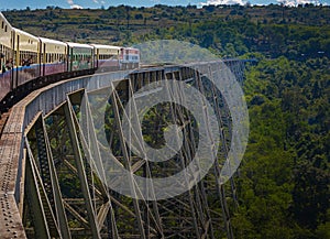 Train on Goteik viaduct railway trestle between Pyin Oo Lwin and Lashio - Myanmar