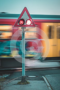 Train grade crossing with blinking lights