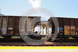 Train with graffiti moving in South Florida station