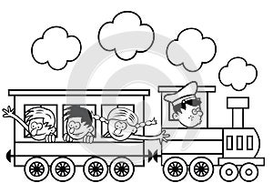 Train and happy children, colorin page photo