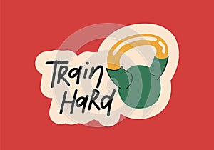 Train hard, sports tools flat vector lettering
