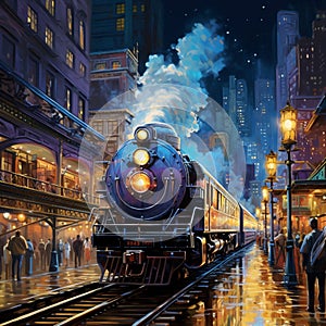 Train illuminated by vibrant city lights during the dark night