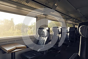 Train interior with empty seats traveling in Germany. Intercity express train with no people