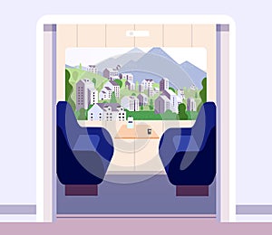 Train interior. Empty trains compartment without travellers. Summer landscape in coach window. Railway journey vector