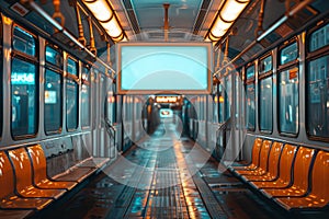 A train interior featuring empty seats and a large screen for information or entertainment