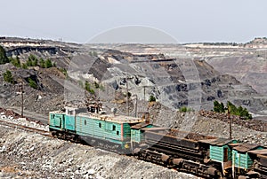 Train at the iron ore opencast mine is going for loading