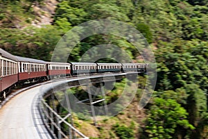 Train journey winding through the rainforest jungle to Kuranda Queensland Australia with motion blur