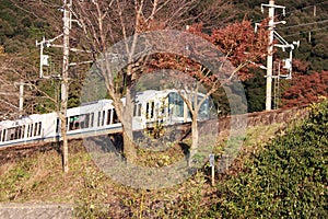 The train of JR sagano line on the Railroad tracks with autumn view.