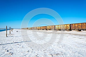 Train on the lake Baskunchak.